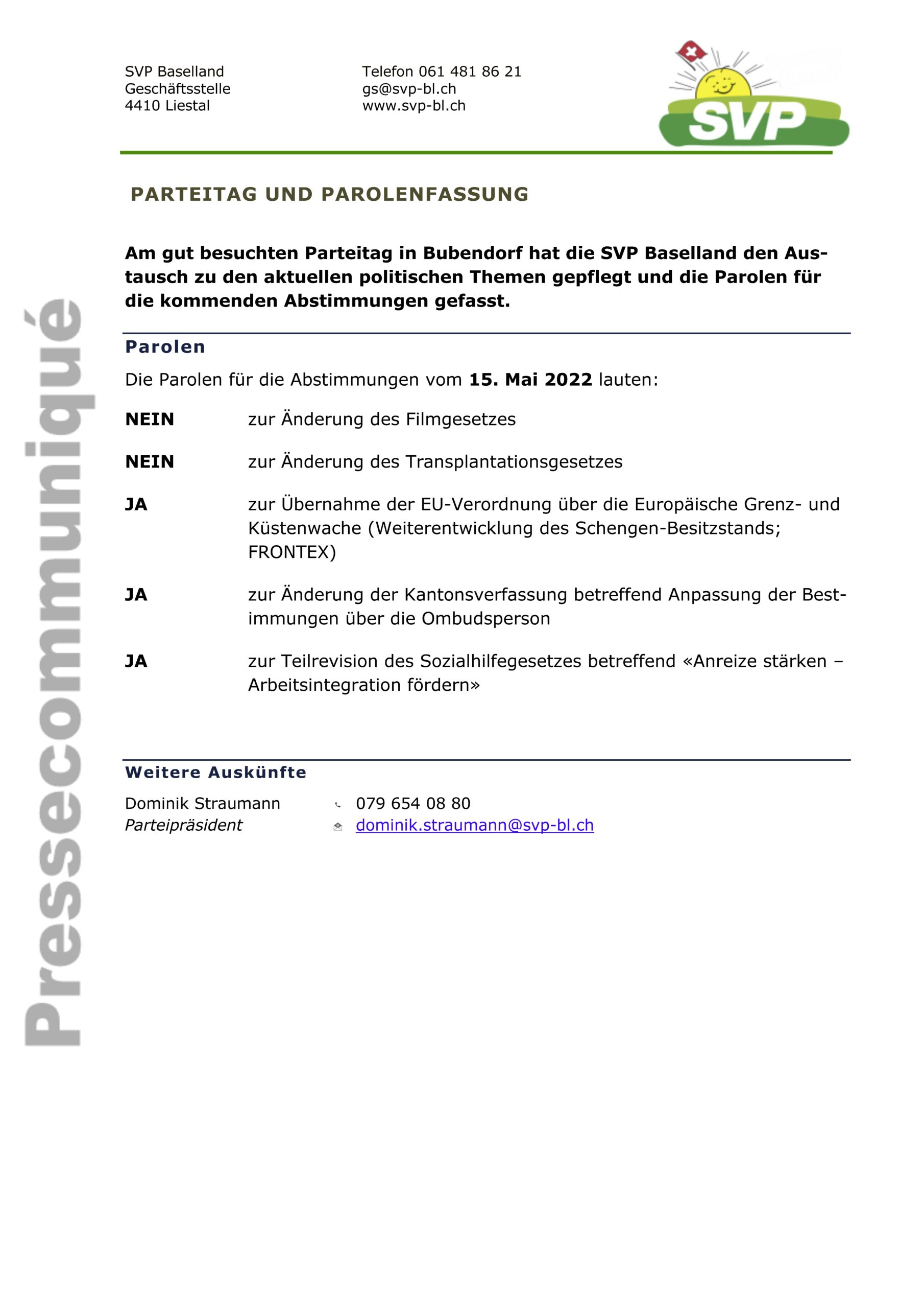 Read more about the article Parolen der SVP BL für die Abstimmungen vom 15. Mai 2022
